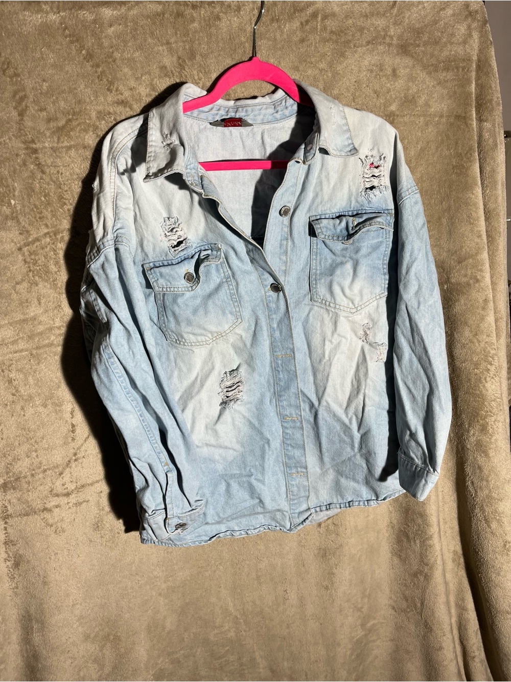 Light Blue Distressed Women's Denim Jacket - Casual Overshirt